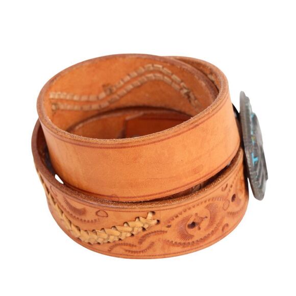 HANDCRAFTED TAN BROWN GENUINE LEATHER 1.5"Wd CASUAL DRESS MEN'S BELT Sz 42 (F63 - Picture 4 of 13